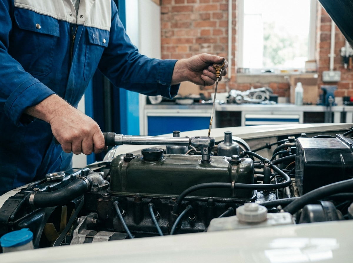 Mechanic servicing a car engine bay