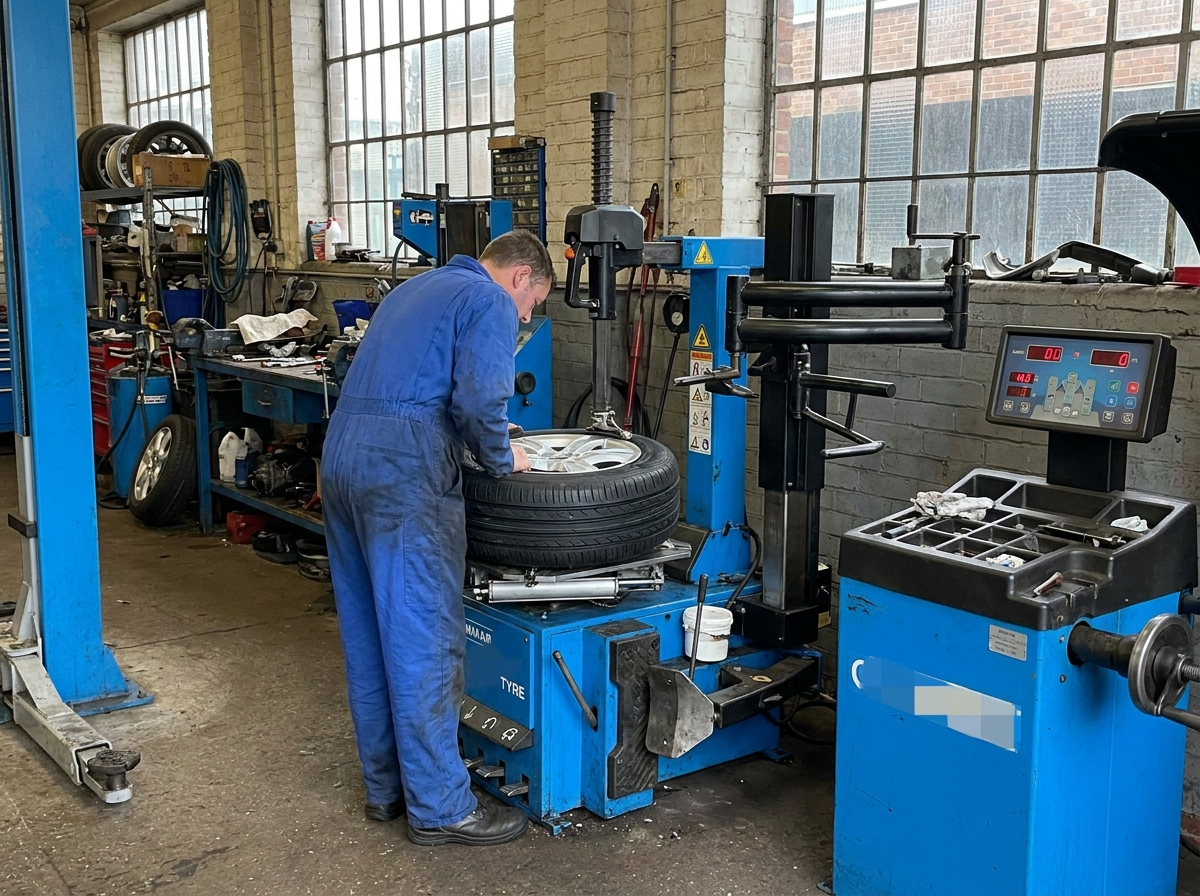Mechanic fitting a new tyre to an alloy wheel